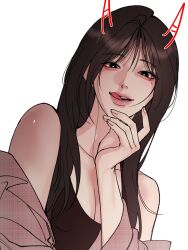  1girl aegyo_sal bare_shoulders black_eyes black_hair black_tank_top breasts checkered_clothes checkered_shirt collarbone crop_top demon_horns hand_on_own_chin hbd_1025 highres horns lips long_hair looking_at_viewer mole mole_under_eye off_shoulder official_art open_clothes open_shirt original parted_lips raised_eyebrows red_horns shirt simple_background solo tank_top teeth tongue tongue_out upper_body white_background 
