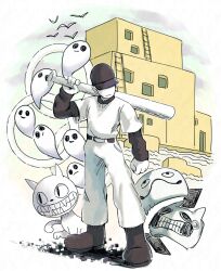  1boy add-on_(off) akikazeume baseball_bat baseball_cap baseball_uniform belt bird black_belt black_hat black_shirt black_shoes building cat clenched_hand closed_mouth colored_skin commentary_request full_body ghost glitch hand_up hat hat_over_one_eye highres holding holding_baseball_bat in-universe_location ladder male_focus mask off_(game) over_shoulder pants seagull shirt shoes short_sleeves spectre_(off) sportswear standing the_batter_(off) the_judge_(off) undershirt unworn_mask weapon weapon_over_shoulder white_pants white_shirt white_skin zacharie_(off) 