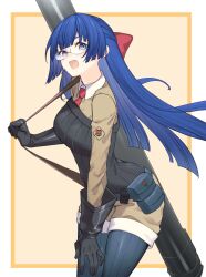  1girl belt belt_pouch black_belt black_gloves black_pantyhose black_sweater blue_eyes blue_hair bow breasts brown_shirt brown_shorts collared_shirt commentary cowboy_shot glasses gloves hair_bow hand_on_own_thigh highres holding_strap large_breasts leaning_forward long_hair looking_at_viewer maria_custard necktie open_mouth pantyhose pouch rance_(series) rance_x red_necktie ribbed_pantyhose ribbed_sweater rocket_launcher shirt shirt_under_sweater short_shorts shorts smile solo standing sweater weapon weapon_on_back yononaka 