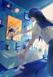  2girls absurdres bandages bandaid bandaid_on_arm bandaid_on_finger bandaid_on_hand bathroom blue_neckerchief blue_sailor_collar blue_sky bug butterfly color_contrast commentary_request cup different_reflection double-parted_bangs english_commentary faucet highres indoors mirror mixed-language_commentary multiple_girls neckerchief original pinky_swear pleated_skirt reflection sailor_collar school_uniform serafuku shirt side_ponytail sink skirt sky squeeze_bottle toothbrush towel wall_lamp water water_drop wet white_shirt yazu82 