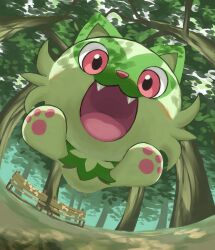  :d bench commentary fangs green_fur happy highres jira_(ziraiya26) no_humans open_mouth outdoors pink_eyes pokemon pokemon_(creature) pokemon_focus smile solo sprigatito tongue tree 