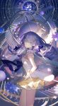  1girl arcaea bad_hands bow breasts commentary constellation dress english_commentary film_grain highres jacket lagrange_(arcaea) lobelia_(saclia) long_hair looking_at_viewer monocle open_clothes open_jacket orb outstretched_hand purple_background purple_bow purple_hair serious small_breasts solo stairs violet_eyes white_jacket yellow_dress 
