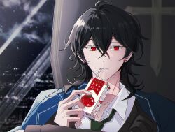  1boy black_hair black_sweater blazer blue_jacket coffin commentary crossed_bangs drink_carton drinking drinking_straw earrings ensemble_stars! green_necktie hair_between_eyes highres holding holding_drink_carton jacket jacket_on_shoulders jewelry juice kk2z long_sleeves looking_at_viewer male_focus medium_hair necktie night portrait red_eyes sakuma_rei_(ensemble_stars!) school_uniform shirt shirt_under_sweater stud_earrings sweater tomato_juice untranslatable_commentary white_shirt window yumenosaki_school_uniform 