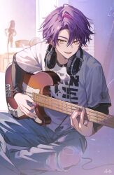  1boy absurdres alternate_costume azit_(down) commentary denim guitar hair_between_eyes hair_intakes headphones headphones_around_neck highres holding holding_plectrum indoors instrument jeans light_particles long_sleeves male_focus microphone microphone_stand nijisanji open_mouth pants parted_bangs plectrum print_shirt purple_hair shirt short_hair sitting smile solo torn_clothes torn_jeans torn_pants virtual_youtuber watarai_hibari white_shirt yellow_eyes 