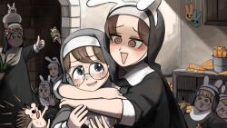  6+girls @_@ animal_ears banana bird blonde_hair blue_eyes brown_eyes brown_hair bunny_nun_(diva) carrot chicken clumsy_nun_(diva) commentary diva_(hyxpk) duck easter english_commentary food freckles frog froggy_nun_(diva) fruit glasses glasses_nun_(diva) grey_hair hair_ornament hedgehog highres hug hug_from_behind hungry_nun_(diva) hypnosis little_nuns_(diva) mind_control multiple_girls nervous_sweating nun ostrich rabbit_ears rabbit_hair_ornament round_eyewear sheep_nun_(diva) sparkling_eyes spicy_nun_(diva) sweat thumbs_up traditional_nun yellow_eyes 