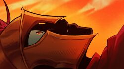  1boy alien_stage armor commentary d3rlord3 derivative_work english_commentary galea_helmet highres kkocanatnat male_focus orange_eyes orange_sky scene_reference searching_for_a_world_that_doesn't_exist shaded_face sky solo 