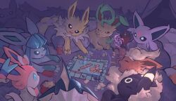  blue_eyes board_game bright_pupils brown_eyes chips_(food) closed_mouth cup drink english_commentary espeon figure food glaceon glowing highres indoors jolteon leafeon lying monopoly no_humans open_mouth pillow pocky pokemon pokemon_(creature) sleeping sleepover smile soda stuffed_toy substitute_(pokemon) sylveon telekinesis therandomray umbreon vaporeon violet_eyes white_pupils 