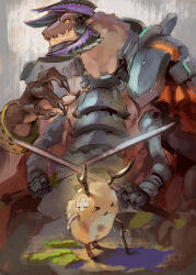  >_< 1boy antlers armor black_eyes bracelet breastplate cape claws closed_mouth colored_sclera commentary creature crossed_bandaids demon_horns extra_arms holding holding_stick holding_sword holding_weapon horns jewelry kayblis kazo_(kazozakazo) male_focus monster_boy multiple_horns multiple_swords multiple_views open_mouth pauldrons rance_(series) rance_x red_cape shoulder_armor standing stick sword tears weapon yellow_sclera 