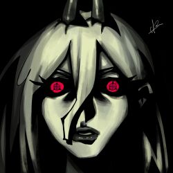  1girl absurdres alpharecdyt chainsaw_man cross-shaped_pupils demon_girl demon_horns greyscale hair_between_eyes highres horns long_hair looking_at_viewer monochrome parted_lips power_(chainsaw_man) red_eyes sharingan solo spot_color symbol-shaped_pupils 