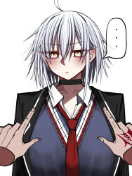  1boy 1girl ahoge black_shirt blue_shirt blush collarbone command_spell commentary_request disembodied_hand fate/grand_order fate_(series) fujimaru_ritsuka_(male) highres jeanne_d'arc_alter_(fate) looking_at_viewer mcpc_zamurai meme necktie nipple_guessing_game_(meme) red_necktie school_uniform shirt short_hair white_hair yellow_eyes 