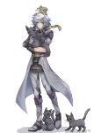  1boy 7wn9b animal animal_on_head blue_eyes boots carrying cat closed_mouth coat fingerless_gloves full_body glasses gloves grey_coat grey_footwear grey_gloves grey_hair grey_pants highres jin_(xenoblade) long_hair male_focus on_head pants shadow simple_background solo spiky_hair standing white_background xenoblade_chronicles_(series) xenoblade_chronicles_2 xenoblade_chronicles_2:_torna_-_the_golden_country 
