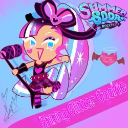  1girl asymmetrical_legwear belt bow bracelet character_name cookie_run cookie_run:_kingdom eyeshadow female glitter glitter_in_hair hair_ornament heart heart_on_cheek heart_tattoo holding holding_microphone long_hair makeup microphone multicolored_hair one_leg_raised pink_hair ponytail shining_glitter_cookie skirt smile stockings sylveonkawaii289 tank_top third-party_source 
