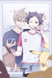  2boys 2girls 88_(einnimnech) bathroom black_shirt blue_oak brown_eyes brown_hair brown_pants brushing_teeth closed_eyes collarbone cup eevee faucet grey_pants grooming hair_gel highres holding holding_cup holding_toothbrush jewelry licking_paw male_focus mirror multiple_boys multiple_girls necklace one_eye_closed open_mouth pants pikachu pokemon pokemon_(creature) red_(pokemon) reflection reflection_focus shirt short_hair sink smile toothbrush toothbrush_in_mouth toothpaste water white_shirt 