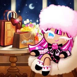 1girl alternate_costume bouquet bow bowtie chair cookie_run cookie_run:_ovenbreak crescent_moon devsisters eyelashes female glitter glitter_in_hair headwear long_hair moon multicolored_hair night_sky official_alternate_costume official_art one_eye_closed pink_hair shining_glitter_cookie shopping_bag skirt smile