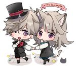  1boy 1girl ;d aged_down animal_ear_fluff animal_ears aqua_bow aqua_bowtie black_capelet black_dress black_footwear black_headwear black_pantyhose black_shorts black_vest blush boots bow bowtie brother_and_sister buttons capelet cat_ears cat_girl cat_tail character_name chibi commentary_request dress eyes_visible_through_hair finger_to_mouth flower frilled_dress frills full_body genshin_impact grey_hair hair_over_one_eye hand_up hat holding_hands index_finger_raised long_hair long_sleeves looking_at_viewer lynette_(genshin_impact) lyney_(genshin_impact) one_eye_closed open_mouth pantyhose parted_bangs pinafore_dress red_bow red_bowtie satorigame shirt shoes short_hair shorts siblings simple_background sleeveless sleeveless_dress smile swept_bangs tail top_hat vest violet_eyes walking white_background white_shirt yellow_flower 