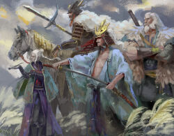  1girl 3boys animal armor ashina_isshin beard between_fingers black_hair black_kimono blue_kimono bridal_gauntlets cape cloak commentary crossed_arms facial_hair fur_cape fur_vest goatee great_shinobi_owl green_cloak gyoubu_masataka_oniwa hair_bun helmet holding holding_polearm holding_sheath holding_smoking_pipe holding_weapon horseback_riding japanese_armor japanese_clothes kabuto_(helmet) katakama_yari katana kazo_(kazozakazo) kimono kote kunai lady_butterfly long_hair multiple_boys muscular muscular_male mustache old old_man old_woman outdoors polearm ponytail purple_bridal_gauntlets purple_kimono riding scar scar_across_eye scar_on_face sekiro:_shadows_die_twice sheath short_hair shoulder_armor smoking_pipe sode spear standing sword sword_on_back sword_saint_isshin unsheathing vest weapon weapon_on_back wheat_field white_hair wide_sleeves yari 