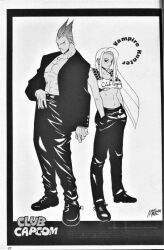  1boy 1girl abs adjusting_pants breasts casual character_name crop_top dark_skin darkstalkers demitri_maximoff hand_in_pocket hands_in_pocket hands_in_pockets height_difference jacket leather leather_pants long_hair midriff monochrome morrigan_aensland muscular navel no_bra open_clothes open_jacket pants shoes spiky_hair tank_top under_boob yoshizaki_mine 