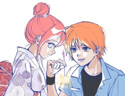  1boy 1girl black_shirt blue_jacket breasts fireworks floral_print floral_print_kimono hair_between_eyes hair_bun highres holding holding_fireworks jacket japanese_clothes kimono koizumi_risa looking_at_another lovely_complex m4s_hits medium_breasts obi ootani_atsushi orange_eyes orange_hair parted_lips pink_hair print_kimono purple_kimono sash shirt short_hair sketch smile sparkler updo white_background wristband 