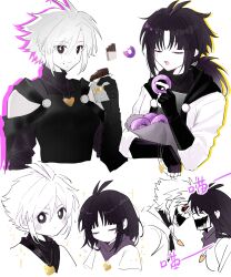  2girls :d :t absurdres aged_down alternate_universe androgynous antenna_hair bandana bandana_around_neck black_eyes black_gloves black_hood black_mouth black_sclera black_trim blunt_bangs breasts bright_pupils candy cape chara_(undertale) child chinese_commentary chocolate chocolate_bar circle_facial_mark closed_eyes closed_mouth colored_sclera colored_skin commentary_request cropped_torso double-parted_bangs doughnut eating elbow_carry elbow_gloves eye_contact eyes_visible_through_hair face-to-face facial_mark film_grain fingerless_gloves flipped_hair food food_on_face forehead-to-forehead frisk_(undertale) genderswap genderswap_(mtf) gloves gold_necklace hair_between_eyes hair_tie hanbaobaobaozhu hand_up heads_together heart heart_necklace highres holding holding_chocolate holding_donut holding_food hood hood_down hooded_jacket jacket jewelry looking_at_another low_ponytail multiple_girls multiple_views necklace official_alternate_eye_color open_clothes open_jacket open_mouth pink_eyes ponytail profile puffy_sleeves purple_bandana purple_hair purple_sweater recursive_genderswap red_eyes scar scar_across_eye scar_on_face shirt short_hair short_sleeves siblings sidelocks simple_background sisters small_breasts smile sweater swept_bangs teeth three-quarter_sleeves tomboy tongue tongue_out turtleneck turtleneck_sweater u_u undertale upper_teeth_only utdr_(toby_fox) white_background white_cape white_hair white_jacket white_pupils white_skin xtale 