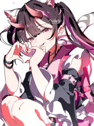  1boy animal_ear_fluff animal_ears ankaketomato black_hair black_sleeves bracelet cho_kaguya-hime! commentary cowboy_shot crossdressing crossdressing_(mtf) detached_sleeves frilled_kimono frills gradient_horns hands_up heart heart_hands highres horns japanese_clothes jewelry kimono knees_up komazawa_noi long_hair long_sleeves looking_at_viewer male_focus multicolored_hair multicolored_horns pink_eyes pink_kimono pink_streaks sitting smile solo streaked_hair tail tiger_ears tiger_tail tongue tongue_out trap twintails untranslatable_commentary white_background 