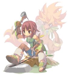  1girl arm_guards belt blacksmith blue_pants brown_eyes brown_gloves brown_pants elemental_(creature) emil_chronicle_online gloves green_shirt hammer hanehane_kiro holding holding_hammer official_art pants red_hair sandals shirt sitting sleeveless sleeveless_shirt smile sword translucent tree_stump two-tone_pants weapon 