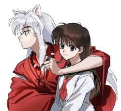  1boy 1girl animal_ears arm_around_neck bead_necklace beads breasts brown_eyes brown_hair closed_mouth commentary_request couple dog_boy dog_ears green_sailor_collar hair_between_eyes hand_in_another's_hair hetero higurashi_kagome inuyasha inuyasha_(character) japanese_clothes jewelry kariginu m4s_hits medium_breasts neckerchief necklace red_neckerchief red_shirt sailor_collar shirt sidelocks tooth_necklace upper_body white_background white_hair white_shirt wide_sleeves 