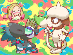  1girl :o bright_pupils commentary_request eyelashes facepaint fangs grafaiai grey_eyes hands_on_own_face holding_own_tail mina_(pokemon) open_mouth paint_in_hair paint_on_clothes poke_ball_symbol pokemon pokemon_(creature) pokemon_sm samsung_(yuzuikka) shirt short_sleeves smeargle smile standing tail tongue tongue_out white_pupils white_shirt 