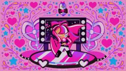 1girl belt boots bow bow-shaped_hair cookie_run cookie_run:_ovenbreak cropped_jacket female heart holding holding_microphone holding_microphone_stand long_hair microphone microphone_stand multicolored_hair one_eye_closed pants pink_hair pose producer_mic shining_glitter_cookie smile third-party_source white_pants