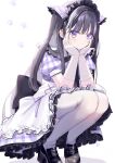  1girl absurdres black_hair blush bow bowtie closed_mouth elbow_gloves gloves highres long_hair looking_at_viewer maid maid_headdress misumi_(macaroni) original short_sleeves squatting thigh-highs violet_eyes white_thighhighs 