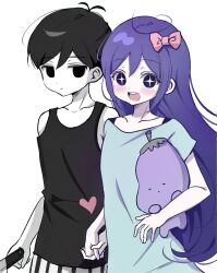  +_+ 1boy 1girl antenna_hair aubrey_(headspace)_(omori) aubrey_(omori) black_eyes black_hair black_shorts black_tank_top blue_shirt blush bow closed_mouth collarbone colored_skin double-parted_bangs expressionless hair_between_eyes hair_bow highres holding holding_hands holding_knife holding_stuffed_toy interlocked_fingers knife long_hair long_shirt looking_at_viewer mr._plantegg_(omori) omori omori_(omori) open_mouth pink_bow purple_hair shirt short_hair short_sleeves shorts sidelocks simple_background smile striped_clothes striped_shorts stuffed_eggplant stuffed_toy t-shirt tank_top teeth upper_teeth_only vertical-striped_clothes vertical-striped_shorts violet_eyes white_background white_shorts white_skin wktdms1 