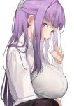  1girl blunt_bangs blush breasts coat dress fern_(sousou_no_frieren) highres large_breasts long_hair long_sleeves looking_at_viewer mitsuru_(pixiv_34028718) purple_hair sidelocks simple_background solo sousou_no_frieren straight_hair violet_eyes white_background white_dress 