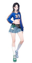  1girl absurdres belt black_belt black_hair blue_shirt blue_skirt brown_eyes crop_top earrings full_body green_shoes hand_on_own_hip highres jewelry looking_at_viewer midriff miyeon_(solo_leveling) navel necklace official_alternate_costume official_art pleated_skirt shirt shoes simple_background skirt socks solo solo_leveling solo_leveling:_arise tachi-e transparent_background white_shoes white_socks 