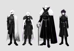  4boys :| absurdres alternate_costume alternate_hair_length_(longer) alternate_universe angry antenna_hair armor arms_at_sides belt boots brothers cane cape chara_(undertale) chinese_commentary closed_eyes closed_mouth coat colored_sclera commentary_request dress earrings elbow_gloves elbow_pads expressionless eyepatch facial_hair facing_viewer father_and_child father_and_son fingerless_gloves flipped_hair frisk_(undertale) frown full_body fur-trimmed_cape fur_trim gloves gold_necklace grey_background greyscale hair_between_eyes hair_flaps hanbaobaobaozhu heart heart_necklace high_contrast highres holding holding_cane humanization jewelry knee_boots legs_apart long_hair long_sleeves looking_ahead low_ponytail male_focus mandarin_collar medium_dress medium_hair medium_skirt messy_hair monochrome multiple_boys muscular muscular_male necklace no_eyebrows one_eye_covered outline pants parent_and_child ponytail puffy_pants purple_hair purple_outline red_outline sans_(undertale) scar scar_across_eye scar_across_eyes scar_on_face shirt short_hair shoulder_armor siblings sidelocks simple_background skirt slit_pupils spot_color standing straight-on stud_earrings torn_cape torn_clothes turtleneck turtleneck_dress turtleneck_shirt u_u undertale utdr_(toby_fox) v-shaped_eyebrows w.d._gaster xtale 