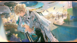  1boy black_pants blonde_hair chinese_commentary closed_mouth coat commentary_request evening gloves hair_between_eyes highres holding ichi_yasushi leaning logo long_hair looking_at_viewer luuk_herssen_(wuthering_waves) male_focus multicolored_hair official_art outdoors pants people red_eyes shirt sleeve_rolled_up smile solo_focus streaked_hair white_coat white_gloves white_shirt wuthering_waves 