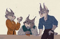  1girl 2boys animal_ears blue_shirt cardigan cat_boy cat_ears cat_tail cattrick_lynxley closed_mouth english_commentary etheroorb furry furry_female furry_male green_sweater_vest grey_fur hand_in_pocket head_on_hand highres kitty_lynxley looking_at_viewer milton_lynxley multiple_boys open_mouth orange_cardigan pink_nails shirt smile sweater_vest tail whiskers white_background zootopia zootopia_2 