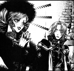  1boy 1girl antonio_borgia cardinal coat cross earrings fur-trimmed_coat fur_hat fur_trim greyscale hat helga_von_vogelweide jewelry latin_cross looking_at_another looking_to_the_side lowres monochrome multiple_rings non-web_source novel_illustration official_art ornate_clothes own_hands_together parted_lips ring scan shibamoto_thores surprised traditional_media trinity_blood 