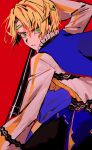  1boy absurdres alfred_(fire_emblem) blonde_hair blue_cape cape fire_emblem fire_emblem_engage from_side green_eyes highres holding holding_polearm holding_weapon long_sleeves looking_at_viewer male_focus polearm red_background rotsugame shirt short_hair solo weapon white_shirt 