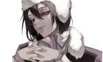  1boy absurdres black_coat black_hair bungou_stray_dogs coat collared_shirt dappled_sunlight fur-trimmed_coat fur-trimmed_headwear fur_trim fyodor_dostoyevsky_(bungou_stray_dogs) hat highres looking_at_viewer male_focus open_mouth own_hands_together shirt short_hair sidelocks simple_background smile solo sunlight upper_body violet_eyes white_background white_shirt ya_ta 