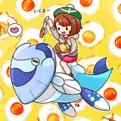  1girl arctovish blush blush_stickers bread bread_slice brown_hair commentary_request curry curry_rice dress egg_(food) eyelashes feeding food food-themed_background gloria_(pokemon) green_hat grey_jacket hat heart holding holding_plate holding_spoon hood hood_down hooded_jacket jacket long_sleeves open_mouth outline pink_dress plate pokemon pokemon_(creature) pokemon_swsh rice riding riding_pokemon samsung_(yuzuikka) short_hair smile solid_circle_eyes speech_bubble spoon tam_o'_shanter toast translation_request white_outline yellow_background 