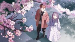  1boy 1girl :o absurdres bird's_eye_view black_roots blunt_bangs bracelet branch cherry_blossoms coat commentary dress fern_(sousou_no_frieren) floral_print from_above highres holding_hands ikachyu jewelry looking_at_another multicolored_hair red_coat red_eyes red_hair roots_(hair) shadow smile sousou_no_frieren stark_(sousou_no_frieren) straight_hair untranslatable_commentary violet_eyes 