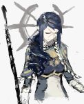  0noy 1girl absurdres armor blue_hair closed_eyes cross_scar fire_emblem fire_emblem_fates head_tilt highres holding holding_polearm holding_weapon japanese_armor japanese_clothes polearm reina_(fire_emblem) scar scar_on_face weapon 