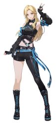  1girl absurdres black_boots black_gloves black_pants black_sleeves blonde_hair boots brown_eyes detached_sleeves earrings fingerless_gloves full_body gloves highres jewelry long_hair looking_at_viewer official_art pants shuhua_(solo_leveling) simple_background solo solo_leveling solo_leveling:_arise tachi-e transparent_background v 