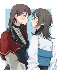  2girls bang_dream! bang_dream!_it's_mygo!!!!! black_hair black_shoes black_vest blue_eyes blush brown_hair capelet closed_mouth commentary_request cosplay costume_switch earrings eye_contact height_difference high_heels highres jewelry long_hair long_sleeves looking_at_another medium_hair multiple_girls nanami_(nunnun_0410) red_capelet shiina_taki shiina_taki_(cosplay) shirt shoes sweatdrop timoris_(bang_dream!) twitter_username vest violet_eyes white_shirt yahata_umiri yahata_umiri_(cosplay) yuri 