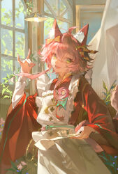  1boy absurdres animal_ears apron apron_pocket beads bow brooch chinese_commentary commentary_request cowboy_shot cup curtains ensemble_stars! flower_brooch fox_ears fox_shadow_puppet fox_tail green_eyes hair_between_eyes hair_bow hand_up heimi_mimi highres himemiya_tori holding holding_saucer japanese_clothes jewelry kemonomimi_mode kimono koikoi_love_cafe_(ensemble_stars!) lamp long_sleeves looking_at_viewer magicleaders male_focus official_alternate_costume open_mouth pink_hair plant red_bow red_kimono saucer shirt shirt_under_kimono short_hair short_hair_with_long_locks sidelocks solo tail teacup white_apron white_shirt wide_sleeves window yellow_bow 