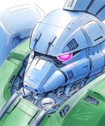  commentary_request dated gelgoog glowing glowing_eye gundam highres kobakin mecha mecha_focus mobile_armor mobile_suit mobile_suit_gundam no_humans one-eyed portrait robot science_fiction signature white_background zeon 