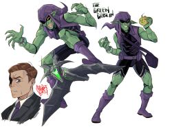  1boy :d artist_name belt belt_buckle belt_pouch black_jacket black_shirt black_shorts boots bracelet brown_hair buckle character_name collared_shirt colored_sclera colored_skin commentary english_commentary evil_grin evil_smile fangs fingernails green_goblin green_skin grin hands_up hat highres holding holding_pumpkin jack-o'-lantern jacket jewelry lapels long_fingernails looking_at_viewer male_focus marvel multiple_views necktie norman_osborn open_clothes open_jacket open_mouth parted_lips phrygian_cap pointy_ears pouch pumpkin purple_belt purple_boots purple_hat purple_necktie red_eyes shaded_face sharp_fingernails shirt short_hair shorts signature simple_background sleeveless sleeveless_shirt smile spider-man_(series) spidercvlt standing teeth upper_body white_background white_shirt wing_collar yellow_sclera 