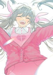  1girl :d ^_^ apron cardigan closed_eyes commentary_request cowboy_shot facing_viewer floating_hair gorham222 hair_floating_upwards hair_ornament heart highres long_hair long_sleeves low_twintails natori_sana natori_sana_(nurse) open_mouth outstretched_arms pink_apron pink_cardigan rabbit_hair_ornament sana_channel smile solo spread_arms standing twintails virtual_youtuber white_background 