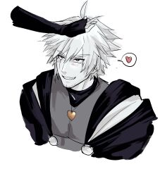  2boys :d absurdres alternate_universe antenna_hair arms_at_sides bandana bandana_around_neck black_bandana black_eyes black_gloves black_jacket black_trim bright_pupils brothers buttons cape chara_(undertale) colored_skin covered_pectorals cropped_shoulders disembodied_hand dobaosh double-parted_bangs elbow_gloves facial_hair fingerless_gloves flipped_hair frisk_(undertale) from_above gloves gold_necklace grey_shirt grin hair_between_eyes hand_on_another's_head heart heart_necklace highres jacket jewelry light_blush looking_at_another looking_up male_focus multiple_boys necklace open_clothes open_jacket pectorals scar scar_across_eye scar_on_face shirt short_hair siblings simple_background smile solo_focus spoken_heart thick_eyebrows tsurime undertale utdr_(toby_fox) v-shaped_eyebrows white_background white_cape white_hair white_pupils white_skin xtale 