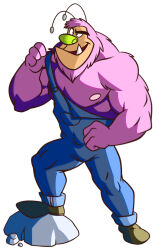  1boy absurdres antennae black_eyes blue_overalls boots brown_boots clenched_hands fang full_body fuzzy_lumpkins highres hijodelopio male_focus muscular muscular_male overalls pink_fur powerpuff_girls rock solo toon_(style) white_background 