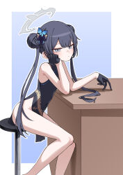  1girl absurdres bare_hips bare_legs bare_shoulders bilingual_commentary black_gloves black_hair blue_archive blue_background border butterfly_hair_ornament china_dress chinese_clothes chobeog commentary covered_navel double_bun dragon_print dress elbows_on_table feet_out_of_frame from_side gloves grey_eyes grey_halo hair_bun hair_ornament half_gloves halo head_rest highres kisaki_(blue_archive) korean_commentary long_hair looking_at_viewer looking_to_the_side mixed-language_commentary no_panties on_stool outside_border pelvic_curtain print_dress side_slit sitting sleeveless sleeveless_dress solo stool table twintails white_border 
